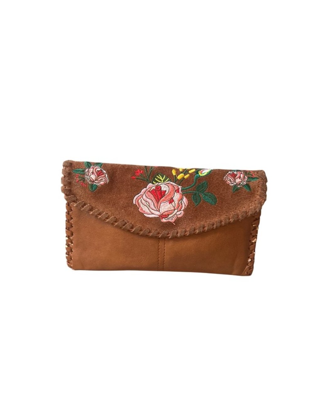 Wildflower Meadow Brown Suede Embroidered Cross Body Purse AS IS
